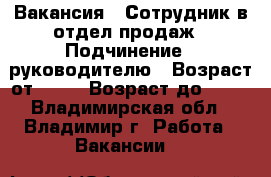 Вакансия : Сотрудник в отдел продаж › Подчинение ­ руководителю › Возраст от ­ 18 › Возраст до ­ 80 - Владимирская обл., Владимир г. Работа » Вакансии   